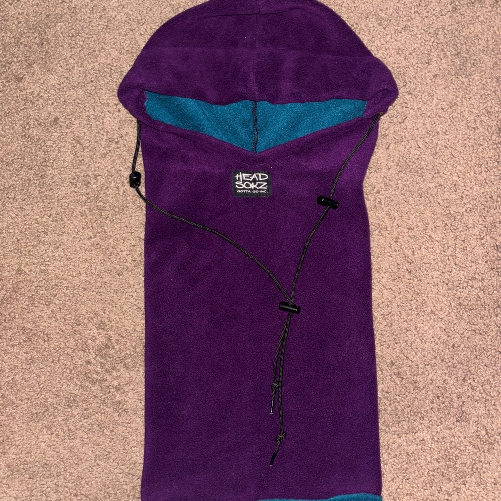 90s USA Made Head Sokz by Gotta Go Hood Hat Polartec Fleece Neck Cover purple.